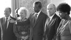 A 1990 photograph of Dr Maeve Hillery (second left) and her husband Patrick (second right) with Nelson Mandela and his wife, Winnie, and then taoiseach Charles J Haughey at Arás an Uachtaráin. Photograph: Frank Miller/The Irish Times. 