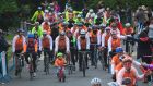 Ryan Cannon from Killiney leading cyclists who on Sunday completed a 1,400km journey around Ireland for Cycle Against Suicide. Photograph: Gareth Chaney/Collins