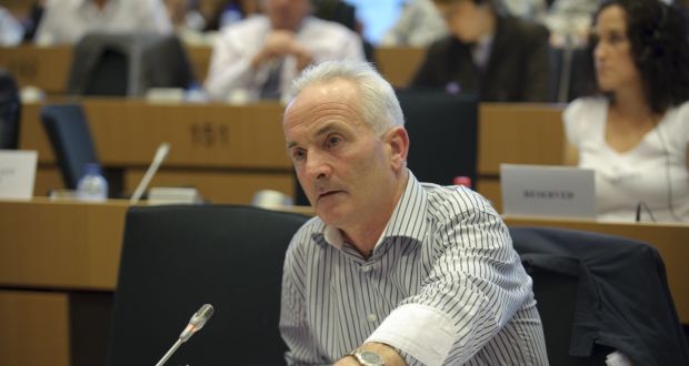 Fisherman John O’Brien speaks at the European Parliament. Photograph: Loic Jourdain 