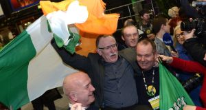 Sinn Féin Dublin North-West candidate Dessie Ellis celebrates in advance of the anticipated election result at the RDS. Photograph: Dave Meehan/The Irish Times