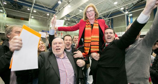 Jan O’ Sullivan celebrates after taking one of the remaining two seats in Limerick City. Photograph:  Brian Gavin Press 22