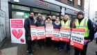  Tesco workers on strike duty in Baggot Street joined by AAA-PBP TD’s Brid Smith, Richard Boyd Barrett, Gino Kenny, Mick Barry,Paul Murphy Ruth Coppinger Cllr John Lyons. Photograph: Cyril Byrne 