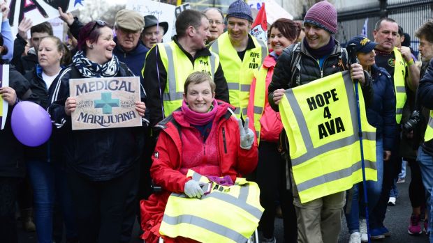 Vera Twomey making her way to Leinster House after her marathon walk in support of her daughter to call for legalise medical cannabis. Photograph: Cyril Byrne