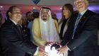 US President Donald Trump, King Salman bin Abdulaziz al-Saud of Saudi Arabia and Egyptian President Abdel Fattah al-Sisi opening the World Center for Countering Extremist Thought in Riyadh, Saudi Arabia. Photograph: EPA/Saudi Press Agency