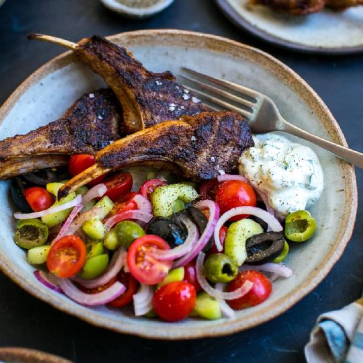 Spiced Barbecued Lamb Chops With Tzatziki Greek Salad