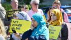 Three of Ibrahim Halawa’s five sisters Nosayba, and Omaima, Fatima with their children Aisha, Sundus and Hamza protesting along with members of Amnesty International outside the Egyptian Embassy in Dublin to mark the fourth anniversary of his arrest. Photograph: Alan Betson / The Irish Times