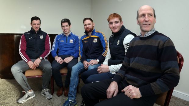 Galway captain David Burke, Justin Fahy, Kilbeacanty chairman, Shane Donohue, Niall’s brother, Galway hurler Conor Whelan, cousin of Niall, and Francis Donohue, Niall’s father. Photograph: Joe O’Shaughnessy