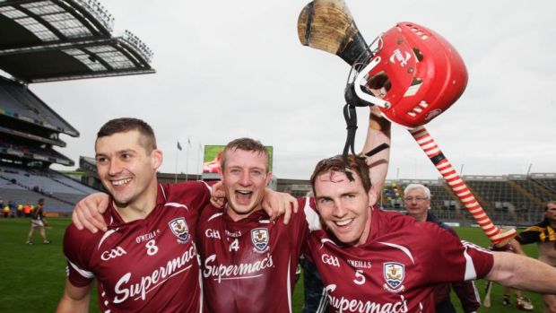 Galway’s Iarla Tannian, Joe Canning and Niall Donohue celebrate the Leinster final win over Kilkenny in 2012. Photograph: Cathal Noonan/Inpho