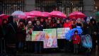 Members of the Pro-Life Campaign during a silent gathering outside Leinster House where the Oireachtas committee on abortion was sitting. Photograph: Gareth Chaney/Collins