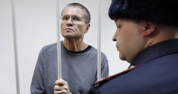  Former Russian economic development minister Alexei Ulyukayev in a defendant’s cage after the verdict was announced at the Zamoskvoretsky District Court in Moscow on Friday. Photograph:  Yuri Kochetkov/EPA