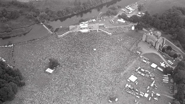 Aerial view of the 80,000-strong crowd at the Rolling Stones in Slane, July 1982. Photograph: Tom Lawlor