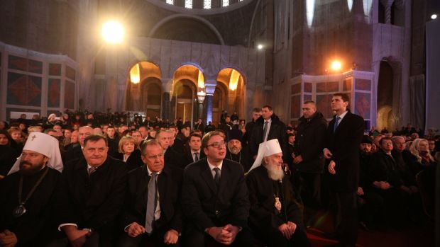 Russia’s foreign minister Sergei Lavrov (centre) and Serbia’s President Aleksandar Vucic (second from right) at the St Sava temple in Belgrade on Thursday. Photograph: Djordje Kojadinovic/Reuters