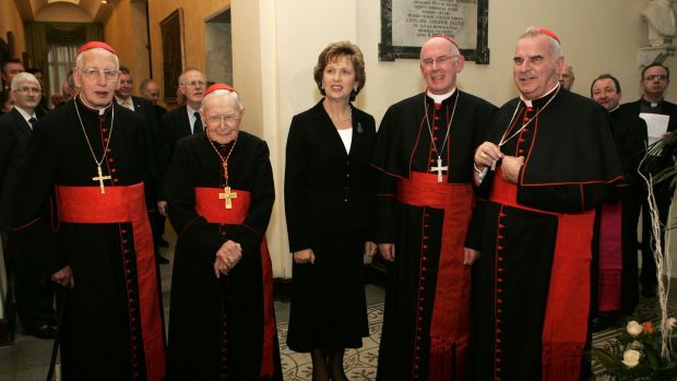 Then president of Ireland Mary McAleese with, from left, Cardinal Desmond Connell (now deceased); Cardinal Cahal Daly (now deceased); Cardinal Seán Brady, and Cardinal Keith O’Brien (recently deceased), pictured in the Vatican in 2007. File photograph: Dara Mac Dónaill/The Irish Times