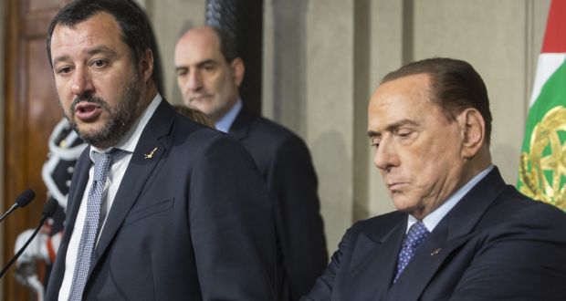 Matteo Salvini, leader of Eurosceptic party League and Silvio Berlusconi, leader of the Forza Italia party: â€œWe will evaluate the government that is created, supporting any measures that are useful for Italians,â€ tweeted Mr Berlusconi. Photograph: Giulio Napolitano/Bloomberg