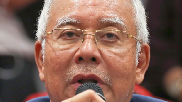 United Malays National Organisation (UMNO) party president and chairman of the Barisan National (National Front coalition) Najib Razak speaks during a press conference in Kuala Lumpur, Malaysia. Photograph: EPA