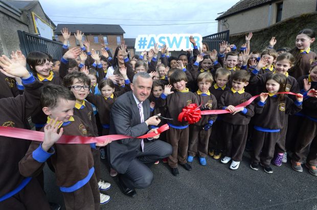 Prof Donal O Shea with pupils and teachers from St Claire’s Primary School Harolds Cross whereto he launched the Active School week with coordinator Karen Cotter. Photograph: Cyril Byrne