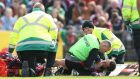 Horror of horrors: Mayo footballer Tom Parsons is treated by medical staff after his injury against Galway. Photograph: Cathal Noonan/Inpho