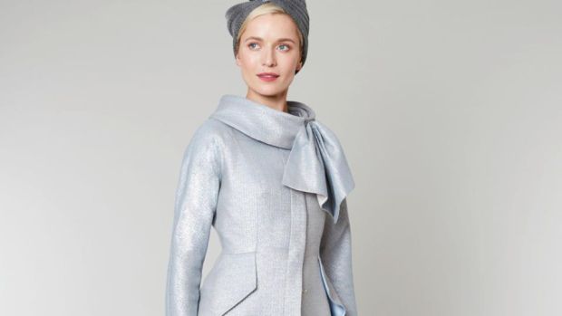 Finn coat: fit and flare Lurex threaded wool coat with waterfall style peplum and stand and fall collar. Can be worn with Mink tailored dress. Approx €1,400 depending on fabric.