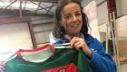 Audrey Elliott with the     Mayo football jersey signed by Pope Francis at Ireland West Airport, Knock, Co Mayo, which she hopes will lift the Mayo ‘curse’ so the team can win an All-Ireland title.  Photograph:   Cate McCurry/PA 