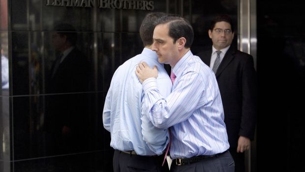 Two men hug outside of the Lehman Brothers headquarters in New York City on September 15th, 2008. File photograph: Nicholas Roberts/AFP/Getty Images