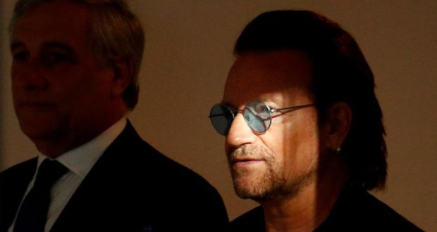 Bono in Brussels: the U2 singer with Antonio Tajani of the European Parliament. Photograph: FranÃ§ois Lenoir/Reuters