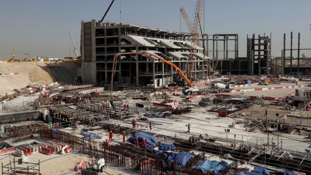 Construction at the Al Bayt Stadium which will have a capacity of 60,000 and host matches through to the semi-final round. Photo: Lars Baron/Bongarts/Getty Images