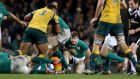 An injured Gordon D’Arcy  during Ireland’s Guinness Series clash with Australia in November 2014.  Photograph: James Crombie/Inpho