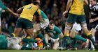 An injured Gordon D’Arcy  during Ireland’s Guinness Series clash with Australia in November 2014.  Photograph: James Crombie/Inpho