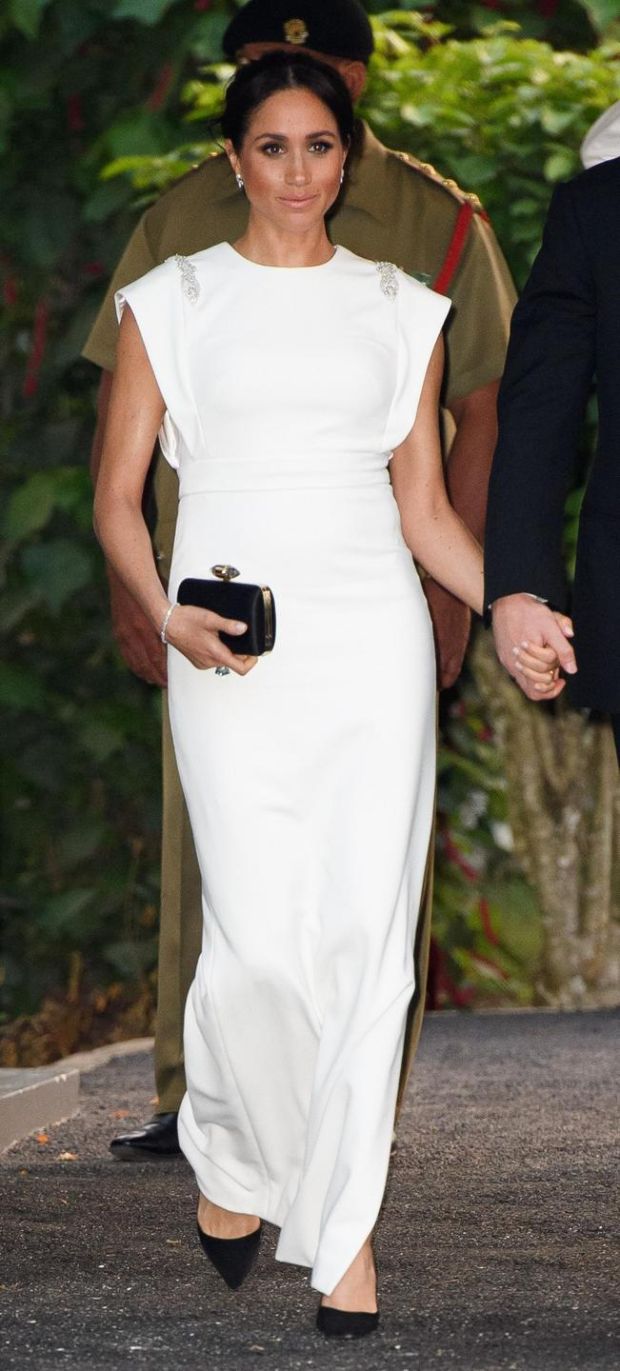 The Duchess of Sussex in a white crépe gown by Irish designer Don O’Neill. Photograph: Pool/Samir Hussein/WireImage