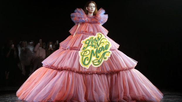 A model presents a creation by Viktor and Rolf during the 2019 Spring-Summer Haute Couture collection fashion show. Photograph: Francois Guillot/ AFP/Getty images