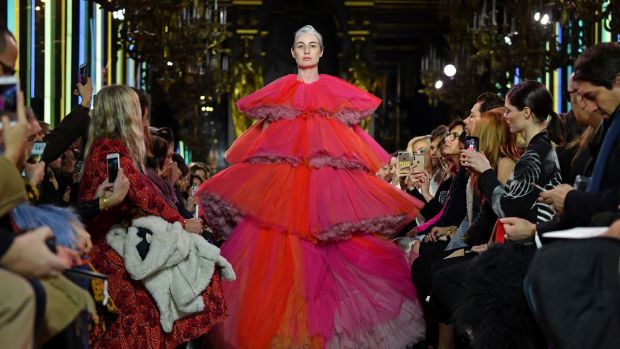 Erin O’Connor walks the runway during the Schiaparelli Spring Summer 2019. Photograph: Pascal Le Segretain/Getty Images