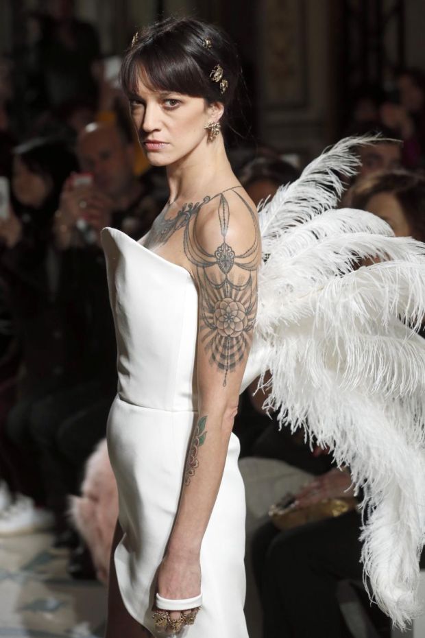 Italian actress Asia Argento walks the runway during the Antonio Grimaldi Spring Summer 2019. Photograph: Thierry Chesnot/Getty Images