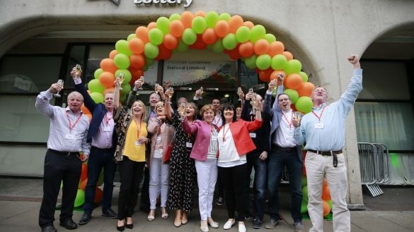 Members of a syndicate from Stakelum's Hardware Store in Thurles, Co Tipperary collected a €17million EuroMillions cheque at National Lottery headquarters on Friday. Photograph: Nick Bradshaw.