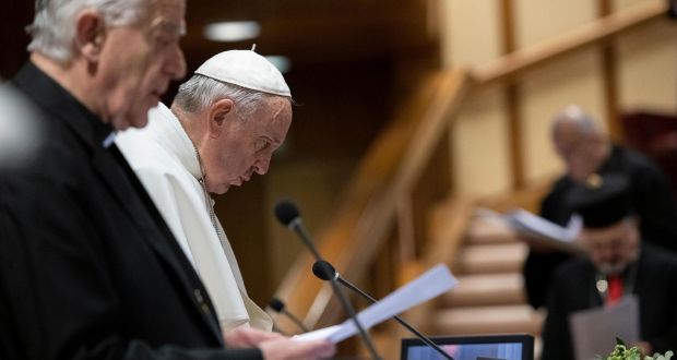 Pope Francis attending the third day of a summit at the Vatican on sex abuse in the Catholic Church. Photograph: AFP/Vatican media