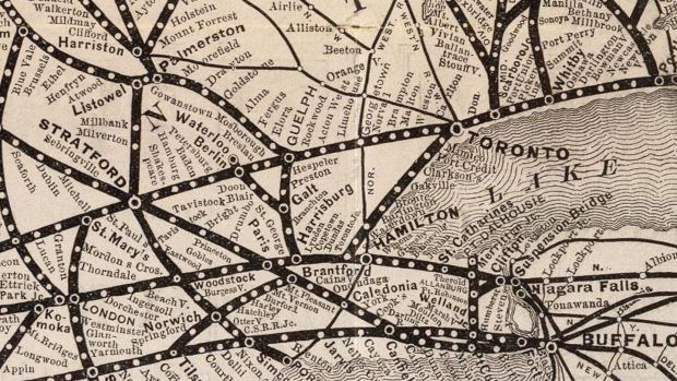 Extract from the 1885 Grand Trunk Railway map showing the town of St Mary’s and the city of Toronto. Eaton moved from the former to the latter in 1867. Photograph: Wikimedia Commons, Public Domain