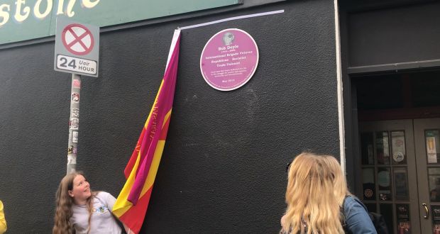 The plaque  unveiled in memory of Bob Doyle on North King Street in Smithfield, where Doyle was born. Photograph: Aoife Moore/PA Wire