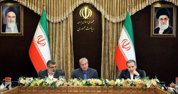 Iran To Step Up Uranium Enrichment In Breach Of Nuclear Deal - iranian government speaker ali rabiei centre along with iranian deputy foreign ministers abbas