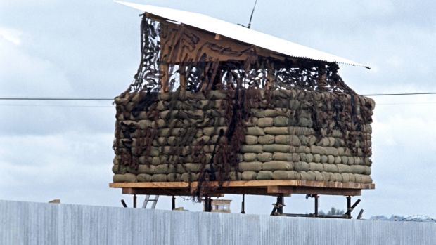 A lookout post and fortifications at the Long Kesh detention centre near Lisburn, Co Antrim in June 1972. Photograph: Alain Le Garsmeur/Getty Images