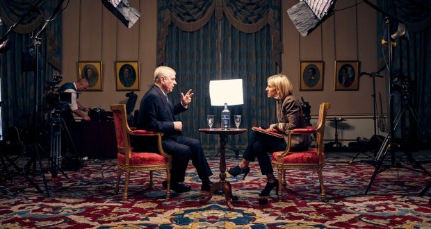 Britain’s Prince Andrew speaking for the first time about his links to Jeffrey Epstein in an interview with BBC Newsnight’s Emily Maitlis. Photograph: PA 