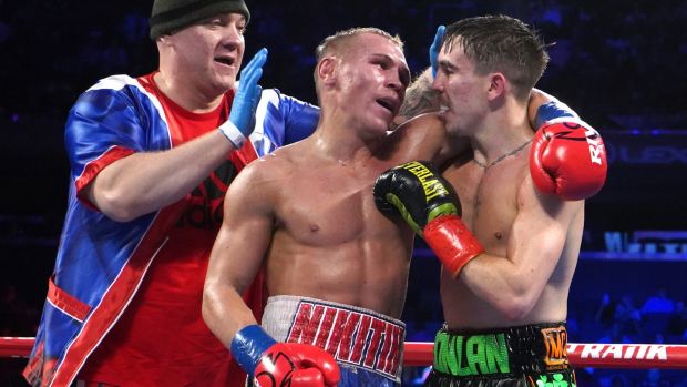 Michael Conlan with Vladimir Nikitin after their fight in New York. Photograph: Emily Harney/Inpho