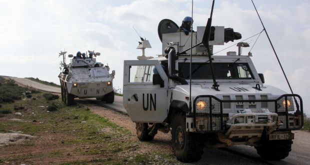 United Nations Interim Forces in Lebanon (Unifil) armoured vehicles patrol the area around the southern Lebanese town of Kfar Kila on the border with Israel on January 3rd, 2020. Photograph: Ali Dia/AFP/Getty 