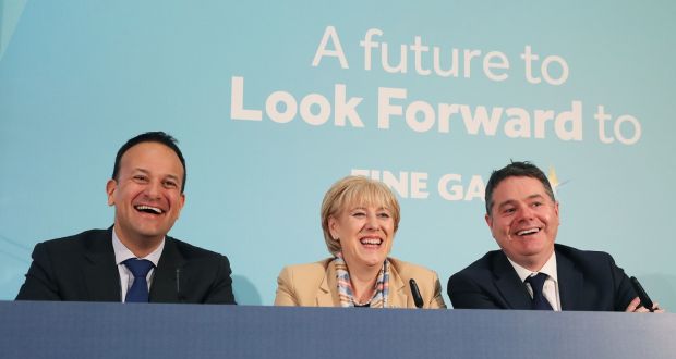 Taoiseach Leo Varadkar, Minister for Finance Paschal Donohoe and Minister for Business Heather Humphreys at Fine Gael press conference to launch their economic plan. Photograph  : Brian Lawless/PA Wire