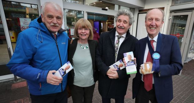 From left to right: Finian McGrath, Ruth Buchanon, John Halligan and Shane Ross on the campaign Trail in Ballinteer, Co Dublin.  Photograph: Nick Bradshaw/The Irish Times