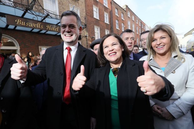 Sinn Féin Leader Mary Lou McDonald with newly elected TDs from her party make their way from Buswells Hotel to Leinster House, Dublin for the first sitting of the 33rd Dáil. Photograph: Brian Lawless/PA Wire