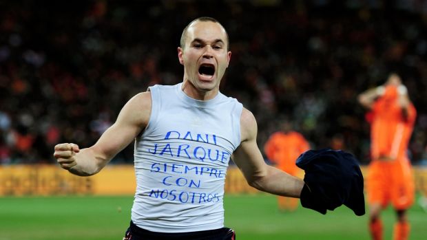 Andres Inieste pays tribute to Dani Jarque after scoring the winning goal in the 2010 World Cup final. Photograph: Jamie McDonald/Getty