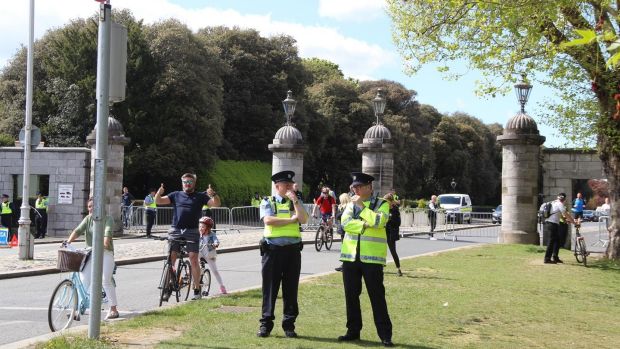 Gardaí at the Park Gate Street entrance to Dublin’s Phoenix Park on Saturday. Photograph: Ronan McGreevy