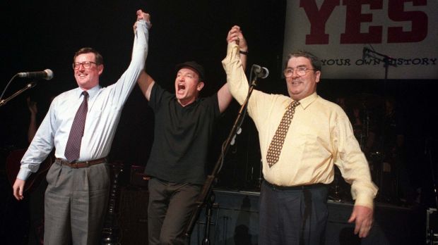 Peacemaker? Bono campaigning with David Trimble and John Hume during the Belfast Agreement referendum in 1998. Photograph: Paul Faith