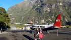 Catherine Hamilton and her family flying into Milford Sound, New Zealand.