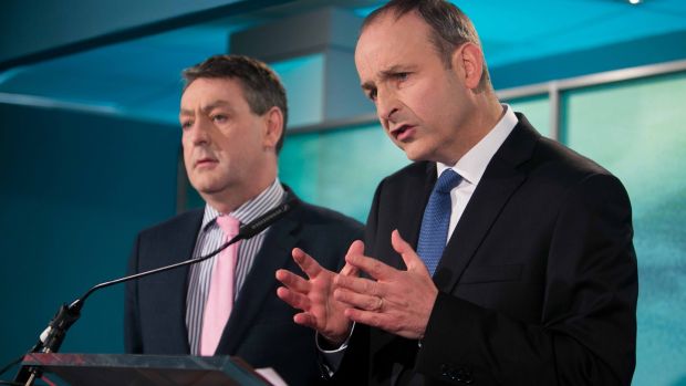 Fianna Fáil MEP Billy Kelleher (L) with party leader Micheál Martin (R) at the launch of the FF election campaign in 2016. Photograph: Gareth Chaney/ Collins