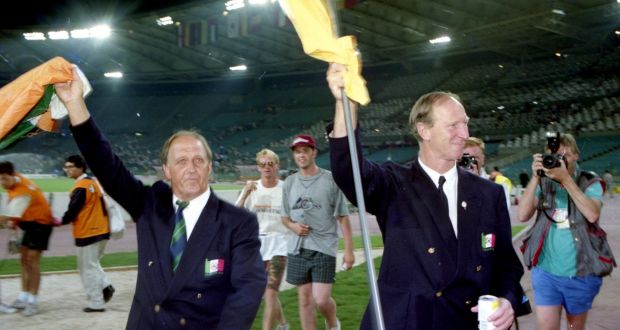 Ireland manager Jack Charlton and assistant Maurice Setters after the loss to Italy in the quarter-finals of the 1990 World Cup. Photo: Billy Stickland/Inpho